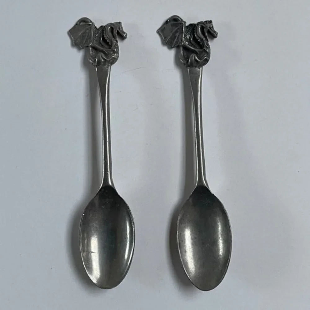 Pewter Baby Spoon Set of 2 Silver Dragon Handle Home Decor Kitchen Dining